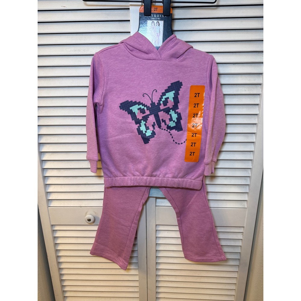 Andy & Evan Girls 3-Piece Hoodie Jogger and Tee Set Pink Butterfly 2T